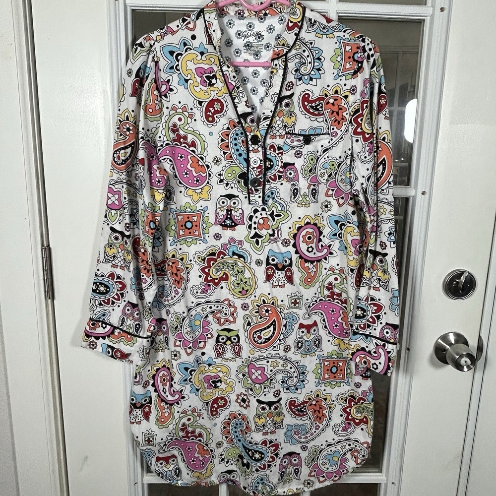 Nick & Nora Owl Paisley Print Nightgown Sleep Shirt Size M Cotton Quirky
